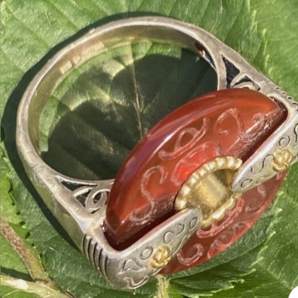 Sterling Silver Yellow Gold Vintage Ring Carved Jade Bi-Disc